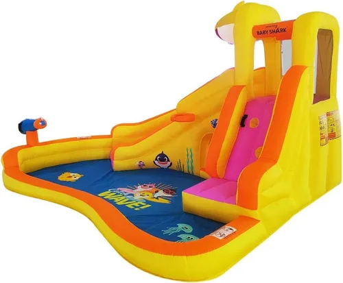 Vista 9 de Funormous Baby Shark - Casa de rebote con tobogán húmedo o seco, tobogán acuático inflable Pink Fong, diversión de tobogán acuático curvo
