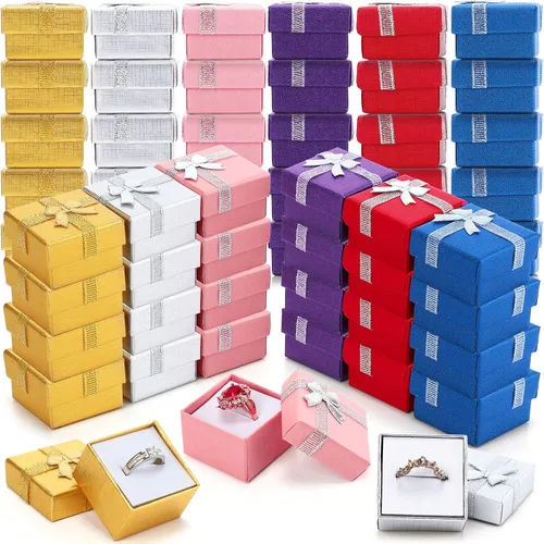 Vista 10 de Yinkin Juego de 120 cajas de regalo de anillo de cartón con lazo, cuadrado, varios colores, pequeño, caja de joyería dura para cumpleaños, 6