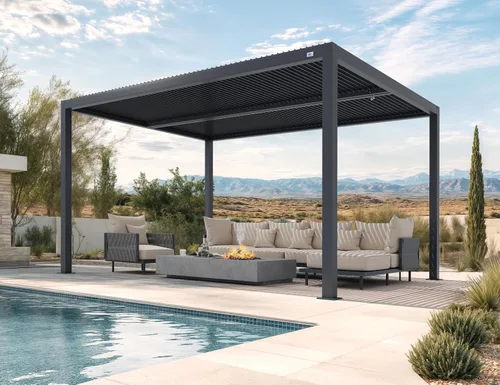 Vista 13 de PURPLE LEAF - Pérgola con listones de 10 x 12 pies, sistema de drenaje 94AS para patio, color gris Premium All-Aluminum Rustproof Build, Modern