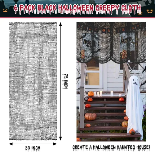 Vista 3 de Riare Paquete de 6 paños espeluznantes negros de Halloween de 30 x 75 pulgadas, tela espeluznante de gasa negra para fiesta de Halloween, casa