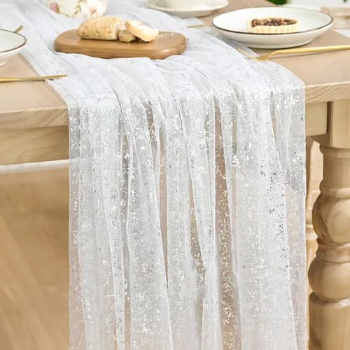 Vista 36 de Artoid Mode Camino de mesa de gasa color beige dorado de 120 pulgadas, 10 pies, lámina metálica con purpurina transparente para comedor, boda