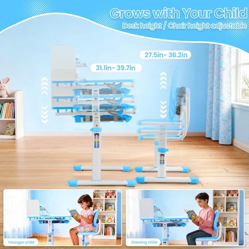 Vista 3 de Artist hand Kids Desk and Chair Set, Height Adjustable Desk with 0-40° Tilting Desktop, 2-Tier Bookshelf, Tablet Stand, Drawer, Hook and Ergonomic