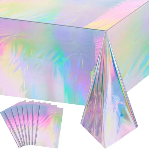 Vista 25 de Paquete de 1 mantel de plástico a cuadros negros e iridiscentes, manteles rectangulares desechables con láser, mantel de papel de aluminio