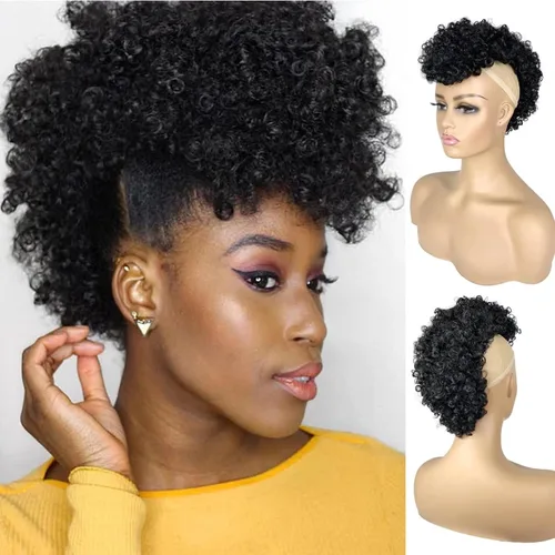 Vista 6 de UA Jerry Curls Mohawk - Cola de caballo sin cordón con flequillo, sintético, corto, afro, rizado, 6 clips BB (2#, negro natural)