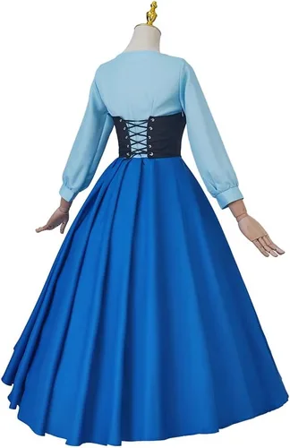 Vista 4 de Disfraz de sirena de princesa azul clásico para mujer, vestido de fiesta de cosplay con gorro