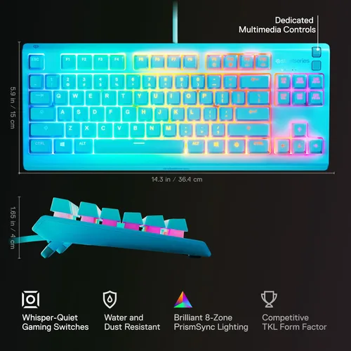Vista 3 de SteelSeries Apex 3 TKL Aqua RGB Gaming Keyboard — Tenkeyless Compact Form Factor — 8-Zone RGB Illumination — Water and Dust Resistant