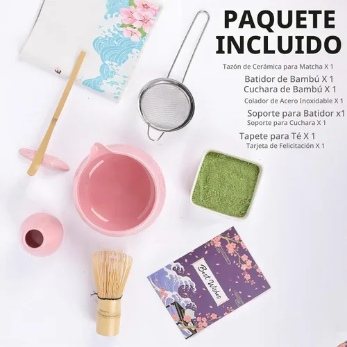 Vista 2 de Juego de 8 piezas de batidor de matcha con cuenco de cerámica, cuchara, descanso, tamiz, tapete de té, tarjeta de felicitación, soporte