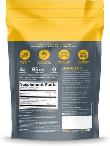Vista 4 de Purbolics Aminos + Energía Apoya la recuperación, la energía y la concentración 95 mg de cafeína, 0 calorías y 60 porciones (azul acero)