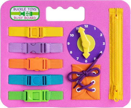 Vista 6 de Buckle Toys Busy Board - Juguete de aprendizaje Montessori para niños pequeños, actividades de viaje por carretera, tablero sensorial de espuma, Azul