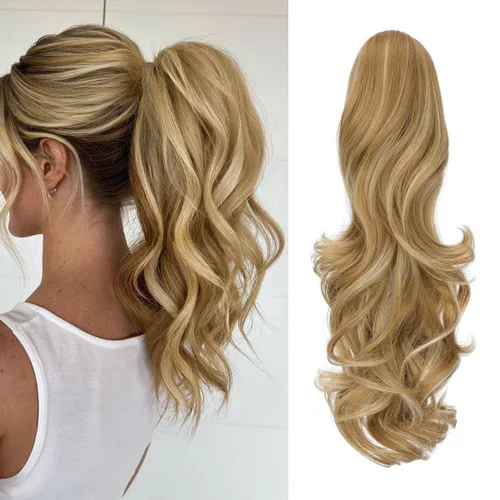 Vista 19 de Felendy Extensión de cola de caballo de 18 pulgadas, mezcla de rubio ceniza, marrón oscuro, rizado, ondulado, con clip, extensiones de cabello largo