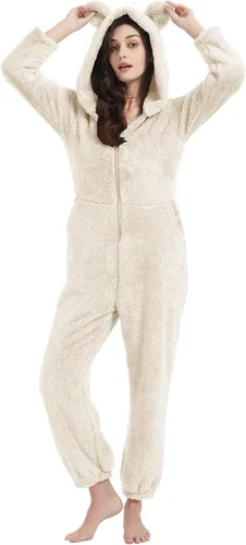 Vista 4 de Pijama con capucha de forro polar para mujer, con cremallera, ropa de dormir con orejas