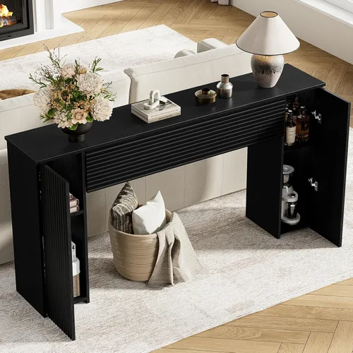 Vista 4 de FABATO Mesa consola larga acanalada de 61 pulgadas con 2 gabinetes de Negro