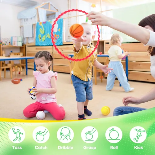 Vista 3 de PlayZap Paquete de 6 pelotas para niños pequeños, juego de pelotas suaves de espuma, 3.5 pulgadas, pequeñas, fútbol, baloncesto, béisbol, fútbol