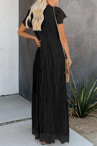 Vista 4 de PRETTYGARDEN - Vestido largo de encaje floral para mujer, manga corta, cuello en V, vestidos de fiesta para boda y para la noche