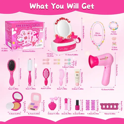 Vista 4 de VGOFUN Juguetes de peluquería para niñas, 27 piezas, juego de salón de belleza para niños, mini tocador con espejo y luz, secador de pelo