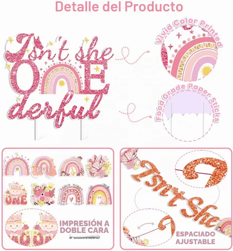 Vista 3 de 35 decoraciones de cumpleaños con texto en inglés "Isn't She Onederful", decoraciones de primer cumpleaños para niñas, fácil instalación, incluye