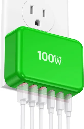Vista 14 de Bloque de Carga Rápida, Cubo de Estación de Carga GaN de 6 Puertos USB C, Cargador de Pared de 100W de Tipo C de Múltiples Puertos con Enchufe