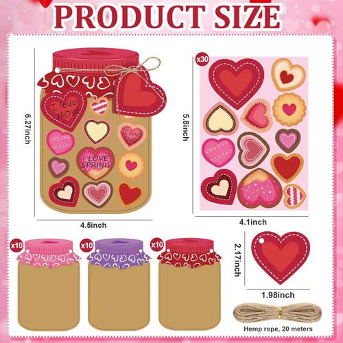 Vista 3 de Juego de 30 tarjetas de regalo para el día de San Valentín, tarro de San Valentín, kit de manualidades con calcomanías de corazón, haz tu propia
