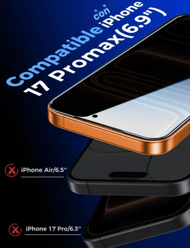 Vista 3 de MAGIC JOHN Paquete de 2 protectores de pantalla de vidrio para iPhone 17 Pro Max de 6.9 pulgadas, antiespía, eliminación automática de polvo, sin