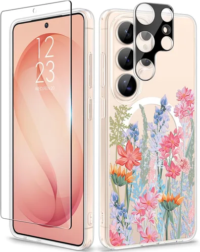 Vista 48 de GVIEWIN Funda protectora para Samsung Galaxy S25, transparente floral, delgada, a prueba de golpes, para mujer, no se pone amarilla, con protector