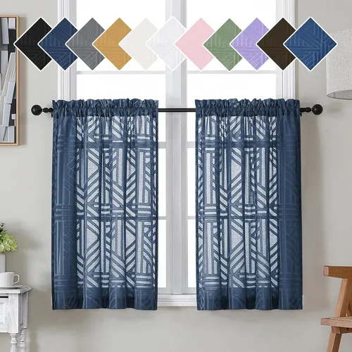 Vista 50 de Simplebrand Cortinas traslúcidas negras de cocina de 24 pulgadas de largo, 2 paneles, filtrado de luz, geométrico jacquard con textura, cortinas