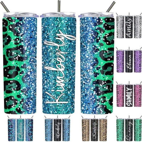 Vista 17 de Vasos personalizados con estampado de leopardo con tapas y pajitas, vasos delgados personalizados de 20 onzas con nombres para mujeres y hombres