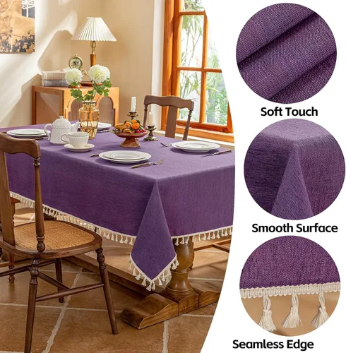 Vista 2 de AmHoo Mantel de mezcla de lino, mantel rectangular de 7.12 oz/m² con costuras y borlas para cocina, comedor, boda, bufé, 55 x 55 pulgadas