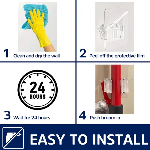 Vista 5 de Soporte de pared autoadhesivo para escobas, paquete de 4 ganchos para escobas, organizador antideslizante para colgar en la pared para baño, cocina