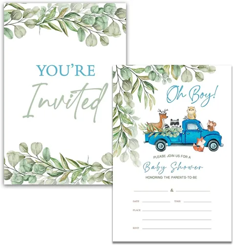 Vista 2 de YIDOU Woodland Blue Truck Boy Baby Shower Invitaciones para fiesta de Greenery Woodland Animal Rellenar tarjetas de invitaciones 20 invitaciones