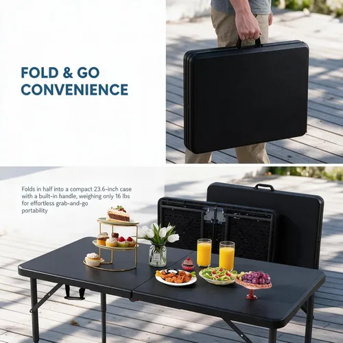 Vista 4 de Mesa Plegable de 4 Pies de Altura Ajustable con Asa Incorporada, Mesa Plegable Portátil de Servicio Pesado de 4 Pies con Patas de Acero para Negro