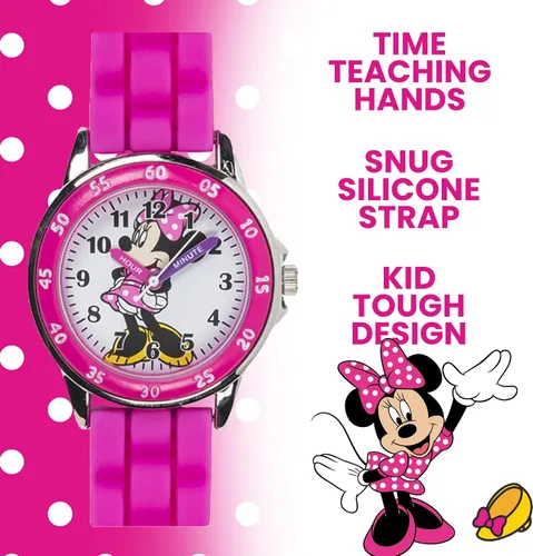 Vista 3 de Reloj Minnie Mouse Time Teacher para niñas - Reloj analógico de aprendizaje de la hora con números fáciles de leer y cómoda banda de silicona Rosa