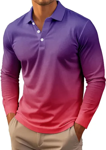 Vista 9 de Polo degradado para hombre, manga larga, con botones, cuello ligero, para golf y tenis