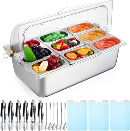 Vista 9 de Tessco for you 16 piezas de contenedor de condimentos para servir alimentos y especias, con tapa, para exhibición en mostrador, enfriado, de acero