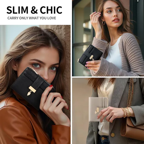 Vista 5 de Billetera pequeña para mujer, plegable, de piel suave, tarjetero con ventana de identificación, con cremallera, bolsillo para monedas, carteras