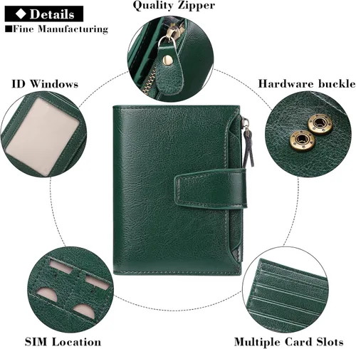 Vista 5 de FALAN MULE - Cartera de cuero auténtico para mujer, pequeña plegable , compacta, con interferencia de radiofrecuencia (RFID)