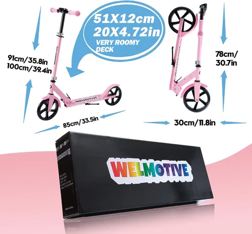 Vista 5 de Kick Scooter for Kids Ages 6+, Teens & Adults, Adjustable Handlebars, Rear Brake, Big Wheel Foldable Scooter for Indoor & Outdoor