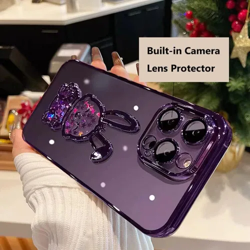 Vista 5 de Funda compatible con iPhone 15 Pro Max con protector de lente de cámara para mujeres y niñas, cubierta de lujo galvanizada con purpurina