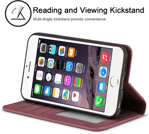 Vista 3 de QLTYPRI Funda para iPhone 6 Plus/6S Plus, cubierta de piel PU con tarjetero, funda tipo billetera con solapa magnética y a prueba de golpes - Vino