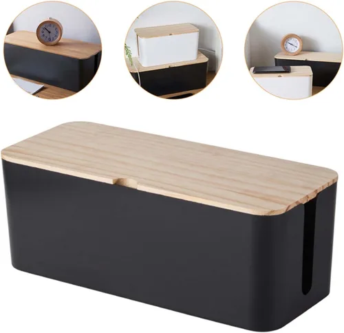 Vista 5 de Toyvian Cable Storage Box with Natural Wood Lid, Medium round Holed Wire Organizer Case for Power Strip and Charger, Anti-electric Socket Cable
