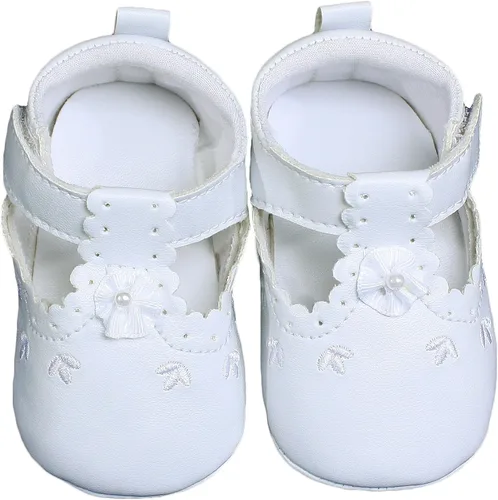 Vista 2 de Little Things Mean A Lot Baby Girls All White Faux Leather Zapato de cuna Mary Jane con acentos de perforación