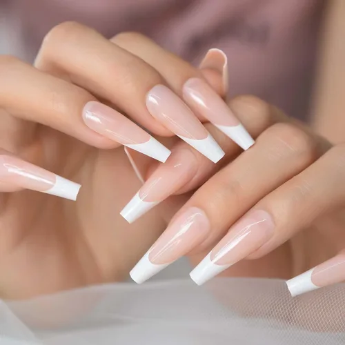 Vista 2 de Puntas de uñas largas tipo ataúd, puntas de uñas blancas a presión, uñas postizas artísticas francesas diseñadas con uñas de gel UV, uñas de salón
