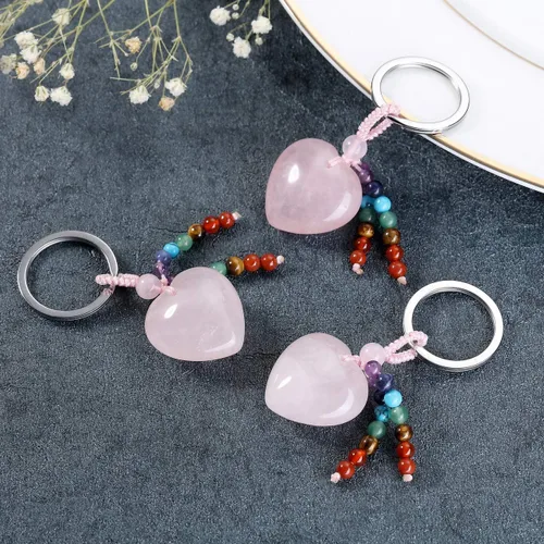 Vista 3 de Jovivi Llavero de piedra de amor de cristal de cuarzo rosa natural, 7 chakras, reki, cuentas de piedras preciosas de cristal curativo con borla