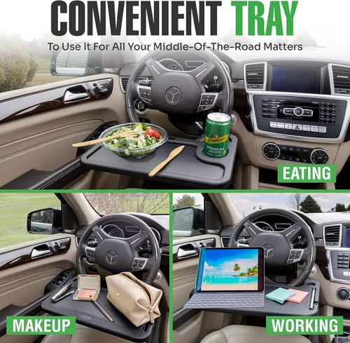 Vista 2 de lebogner Bandeja para volante, bandejas de comida para automóvil para comer, laptop, tableta, iPad o portátil, mesa de escritorio con gancho