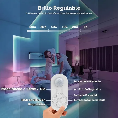 Vista 4 de Luces de Escalera con Doble Sensor para Interiores, Tira de Luz para Escalones Activada por Movimiento Enchufable para Interiores con Atenuador