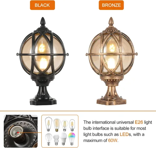 Vista 8 de Lámpara de poste para exteriores, base E26 de 60 W máx. Luces de columna con carcasa de aluminio negro más vidrio ámbar IP55 impermeable linterna