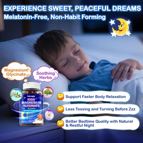 Vista 4 de Gomas de glicinato de magnesio para niños - Suplemento de glicinato de magnesio 200mg con L-teanina Omega-3, calcio, vitamina D3 y B12 para niños