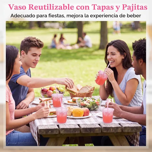 Vista 7 de Lounsweer 15 vasos transparentes reutilizables con tapas y pajitas, 12 Rosa