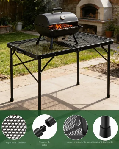 Vista 7 de 3 Ft Folding Camping Table, Adjustable Height 16.5-26 in, Metal Grill Table Negro