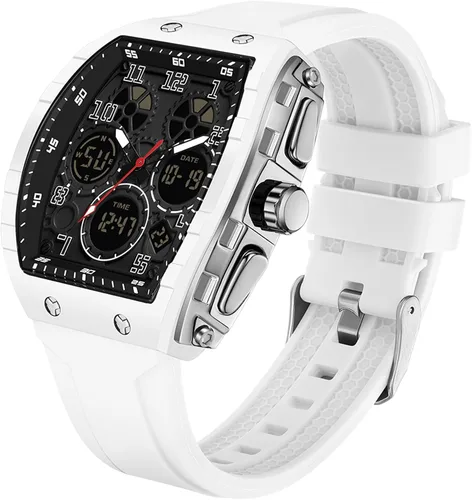 Vista 13 de Relojes para hombre, únicos rectángulos, reloj de pulsera blanco con pantalla digital analógica de doble hora, cronómetro de cuenta regresiva