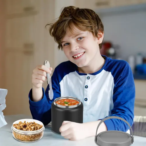 Vista 6 de JXXM Tarro de comida aislado 2 en 1 para niños, termo de sopa de 13.5 onzas con contenedor de aperitivos, termo para alimentos calientes